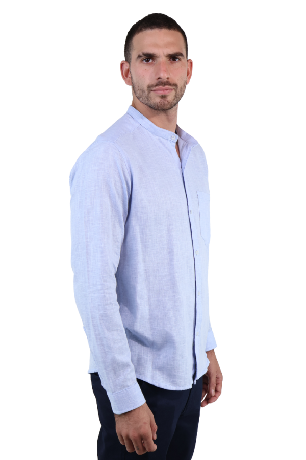 Camisa Manga Larga Azul Slim Fit Cuello Mao Textura Lino Para Hombre
